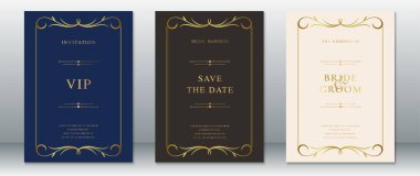 Donanma, kahverengi ve krema arkaplanlı süslü altın parşömen çerçeveli lüks bir düğün davetiyesi. VIP davetleri için tasarımlar, tarihi kaydet ve klasik resmi tarzda düğün duyuruları içerir.