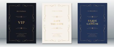 Lükslü klasik davetiye kalıpları koyu deniz, krem ve altın rengi. Düğünler, VIP etkinlikleri için mükemmel, ya da tarih tasarımlarını kaydet.