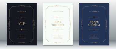 Zarif altın çerçeveli minimalist düğün davetiyesi. Fildişi, fildişi ve lacivert renkli gelin ve damat kartlarını ayırın. Lüks düğünler ve resmi etkinlikler için ideal