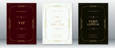 Kaliteli klasik davetiye şablonları bordo, beyaz ve siyah, kavisli altın çerçeveli. Düğün duyuruları, VIP etkinlikleri ve tarihi kaydetme kartları için mükemmel..