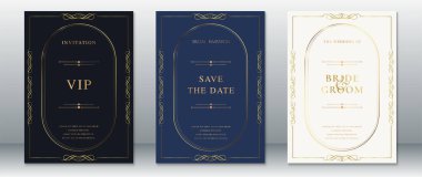 Siyah, lacivert ve fildişi özgeçmişli zarif bir davetiye koleksiyonu. Kıvrımlı altın kenarlarla süslenmiş, düğünler, resmi etkinlikler ve VIP duyuruları için mükemmel..