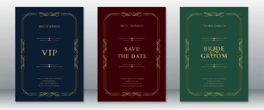 Koyu lacivert, bordo ve orman yeşili kaplamalı şık davetiye şablonları. Lüks altın rengi çerçevelerle süslenmiş. Düğünler, VIP etkinlikleri ve resmi kayıt kartları için idealdir..