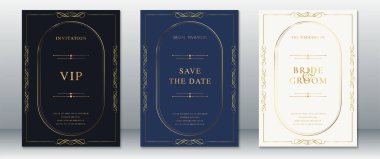 Siyah, lacivert ve fildişi özgeçmişli zarif bir davetiye koleksiyonu. Kıvrımlı altın kenarlarla süslenmiş, düğünler, resmi etkinlikler ve VIP duyuruları için mükemmel..