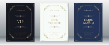 Altın çerçeveli klasik bir düğün davetiyesi seti, VIP, Tarihi Kaydet ve Damat şablonları. Klasik ve lüks düğün temaları için donanma ve krema içerir.