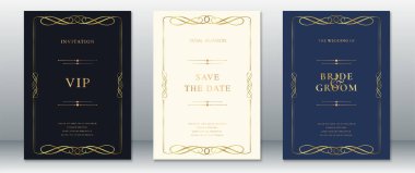 Altın girdap kenarlı zarif bir düğün davetiyesi ve VIP, Tarihi Kaydet ve Damat kartları da dahil olmak üzere klasik tipografi. Lacivert, krem ve geceyarısı siyah arka planlarıyla lüks etkinlikler ve resmi etkinlikler için tasarlandı.