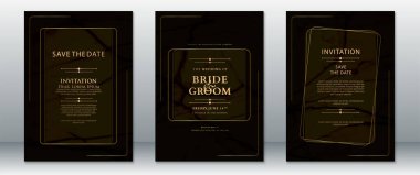 Sofistike siyah ve altın renkli davetiye kartı tasarımı mermer desenli ve modern altın çerçeveli. Resmi etkinlikler için mükemmel. Randevu kartlarını ve lüks düğün kağıtlarını sakla..