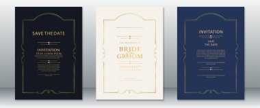 Siyah, lacivert ve krem arka planda süslü, kıvrımlı altın kenarlı rafine bir düğün davetiye şablonu. Resmi etkinlikler için ideal, lüks kırtasiye, ve tarih kartlarını kaydet.