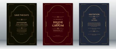 Siyah, bordo ve donanmanın arka planlarında eşsiz kıvrımlı köşe tasarımı olan lüks altın kenarlı bir düğün davetiyesi seti. Klasik düğün davetiyeleri için ideal, tarihi ve resmi kırtasiyeyi kaydet.
