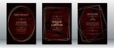 Altın geometrik çerçeveli, koyu kırmızı mermer desenli zarif bir düğün davetiyesi. Lüks, resmi ve modern düğün tasarımları için mükemmel..