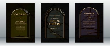 Siyah mermer desenli ve kemerli altın çerçeveli zarif bir düğün davetiyesi. Resmi tipografisi olan lüks, karanlık bir geçmişi var. Modern, üst düzey düğünler veya siyah kravat etkinlikleri için mükemmel.