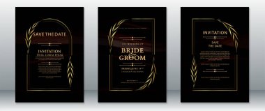 Siyah arka planda altın defne yaprağı aksanlı lüks düğün davetiyesi seti. Rafine tipografi ve klasik düzen, resmi ve zarif kutlamalar için ideal..