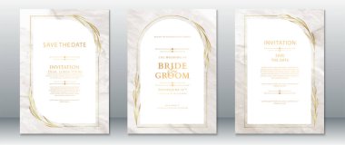 Altın botanik çerçeveli yumuşak kremalı mermer arka planlı romantik düğün davetiyesi seti. Klasik, zarif ve minimalist düğün temaları için mükemmel..