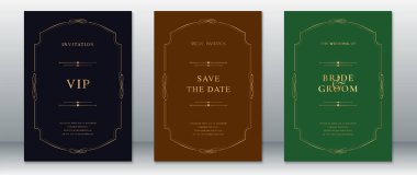 Derin donanma, çikolata kahverengisi ve yeşil arka planlarda altın dekoratif çerçeveler içeren şık bir düğün davetiyesi seti. VIP 'yi, tarihi ve düğün duyuru kartlarını da dahil et. Geleneksel ve lüks düğünler için mükemmel..