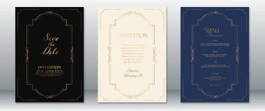 Siyah, lacivert ve krem rengi arka planlar üzerine altın sınır detayları içeren zarif bir düğün davetiyesi. Tarihi, davetiyeyi ve düğün menüsü şablonlarını kaydet. Resmi ve lüks kutlamalar için ideal..