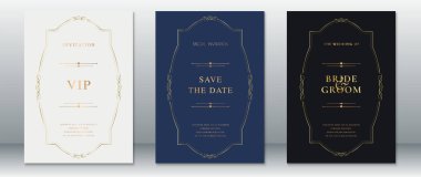 VIP, Tarihi Kaydet ve Damat kartlarının yer aldığı zarif bir düğün davetiyesi. Krem rengi, lacivert ve siyah arkaplan üzerine altın sarısı çerçeveli tasarlanmış. Üst düzey düğün etkinlikleri ve resmi etkinlikler için ideal..