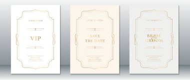 Minimalist düğün davetiyesi seti VIP 'yi de kapsıyor, Gelin ve Damat kartlarıyla Randevuyu Kaydet. Beyaz, krem ve açık gri arka planlarda ince altın çerçeveler ve kaligrafik elementler var. Modern, zarif ve resmi düğün temaları için mükemmel..