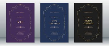 Gelinlik ve damatlık kartlarıyla VIP 'leri ağırlayan şık bir düğün davetiyesi seti. Koyu mor, lacivert ve siyah arkaplan üzerine süslü altın çerçevelerle dizayn edilmiş. Resmi ve lüks düğün etkinlikleri için mükemmel..
