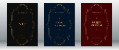 Siyah, lacivert ve bordo arkaplanlı altın çerçeveli zarif bir düğün davetiyesi. Klasik yerleşim ve rafine tipografi özellikleri, üst düzey ve resmi olaylar için ideal.
