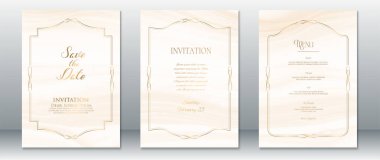 Fildişi arkaplanlı, altın çerçeveli ve yumuşak mermer desenli bir düğün davetiyesi. Tarih, Davetiye ve Menü şablonları lüks, modern ya da klasik düğün temaları için mükemmeldir. Temiz ve sofistike tasarım.