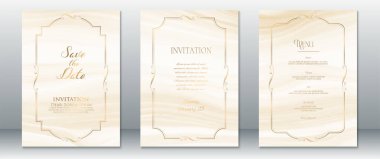 Fildişi düğün davetiyesi seti zarif çiçek kıvrımları ve yumuşak suluboya dokuları olan zarif altın çerçeveler içeriyor. Tarih, Davet ve Menü şablonlarını Kaydet. Klasik, romantik ve lüks düğün temaları için mükemmel.. 