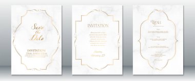 Beyaz mermer arka plan ve altın çerçeveli modern düğün davetiyesi seti. Tarihi, Davetiyeyi ve Menü şablonlarını temiz ve sofistike bir şekilde kaydet. Lüks düğünler, resmi etkinlikler ve asgari temalar için mükemmel.. 