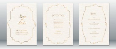 Zarif kağıt dokusu arka planında altın sarısı dekoratif çerçeveler içeren krema tonunda zarif bir düğün davetiyesi. Tarih, Davet ve Menü şablonlarını Kaydet. Klasik, resmi ve lüks düğün etkinlikleri için mükemmel..