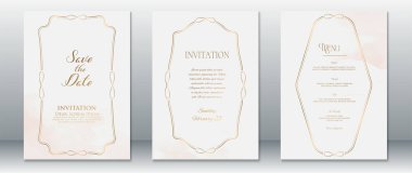 Hassas altın çizgilerle çerçevelenmiş yumuşak, pembe ve beyaz renkte romantik düğün davetiyesi. Zarif betik ve serif tipografisi ile Tarih, Davet ve Menü Tasarımlarını Kaydet. Lüks düğün temaları ve basılabilir kırtasiye için mükemmel..