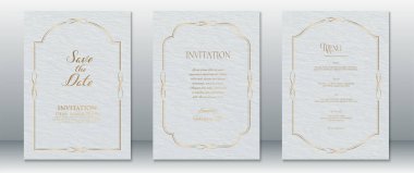 Düğün davetiyesi şablonu ince altın kaplamalı yumuşak beyaz ve gri olarak ayarlandı. Tarih, Davetiye ve Menü kartlarını kaydet. Zarif betik ve serif yazı tipleriyle tasarlanmış, lüks düğünler ve baskıya hazır tasarımlar için ideal..