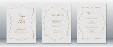 Süslü düğün davetiye şablonu beyaz ve altın olarak ayarlandı, Tarihi, Davetiyeyi ve Menü kartlarını kaydet. Klasik dekoratif çerçeve ve ince kağıt dokusu lüks düğünler, resmi etkinlikler veya üst düzey etkinlikler için zamansız zarafet sunar.
