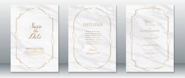 Beyaz mermer desenli ve ince altın çerçeveli zarif bir düğün davetiyesi seti. Klasik ve minimal tipografi içeren Tarih, Davetiye ve Menü kartı şablonları içerir. Modern düğünler ve basılabilir setler için mükemmel..