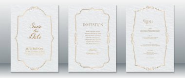 Beyaz ve altın kaplamalı zarif bir düğün davetiyesi şablonu. İçinde kaliteli süslemeler ve kağıt dokular var. Tarih, Davetiye ve Düğün Menüsü Tasarımlarını Kaydet. Resmi, lüks düğünler ve düzenlenebilir baskıya hazır düğünler için ideal