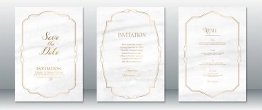 Modern düğün davetiyesi seti beyaz mermer arka plan, zarif ince altın çerçeveler ve lüks el yazısı içeriyor. Tarih, Davet ve Menü şablonlarını Kaydet. Üst düzey düğün teması ve basılabilir kırtasiye için mükemmel..