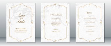 Beyaz mermer arka plan ve süslü altın kenarlı şık bir düğün davetiyesi. Tarih, Davetiye ve zarif el yazısı ve modern klasik düzenle birlikte Menü şablonları içerir. Lüks düğün kırtasiyesi ve basılabilir set için ideal..