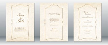 İnce altın rengi çerçeveli yumuşak bej renkte zarif bir düğün davetiyesi. Tarih, Davet ve Menü şablonlarını Kaydet. Klasik düğün teması, resmi kırtasiye ve basılabilir vintage kartlar için mükemmel.