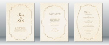 Saf altın çerçeveli bej kağıt desenli Save the Date, Davetiye ve Menu içeren zarif bir düğün kartı seti. Lüks ve klasik düğünler, basılabilir şablonlar ve zamansız davetiyeler için mükemmel..