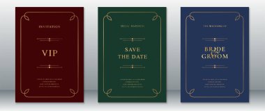 VIP 'li modern düğün davetiyesi, Tarihi Kaydet ve Gelin ve Damat kartları. Koyu kırmızı, orman yeşili ve lacivert, ince altın kenarlı ve dekoratif elementlerle tasarlanmış. Şık ve resmi düğün temaları için uygun