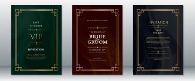 Yeşil, kırmızı ve siyah arka planlı, altın geometrik kenarlı zarif bir düğün davetiyesi. Tarihi, VIP davetiyesini ve resmi düğün kartını saklamayı da içeriyor. Lüks etkinlikler, akşam düğünleri ve şık kutlamalar için mükemmel.