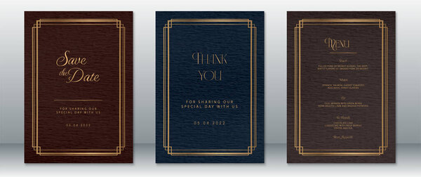 Sophisticated wedding invitation suite with dark wood background, gold geometric frames, and elegant art deco typography. Includes save the date, menu, and thank you card for a refined and stylish celebration.