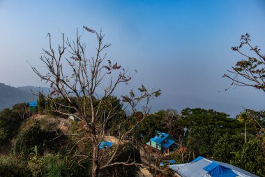 Siluet ağaçları Sajeks 'in bulutlu gökyüzüne karşı cesurca duruyor dramatik ve karamsar bir dağlık arazi yaratıyor. Fotoğrafçılar, doğa meraklıları ve gezginler için ideal puslu, sakin manzaraların güzelliğini yakalamak..