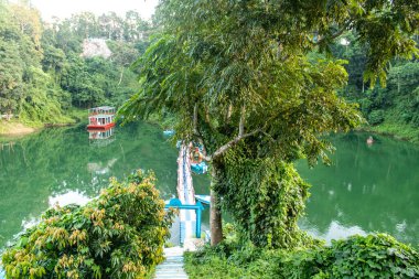 Kaptai Gölü, Bangladeş 'i çevreleyen tropikal tepeler sakin ve pitoresk bir manzara yaratıyor. Doğa, seyahat, eko-turizm, yürüyüş ve açık hava fotoğrafçılığı için ideal stok görüntüleme, yemyeşil ve manzaralı suların altını çizmek.