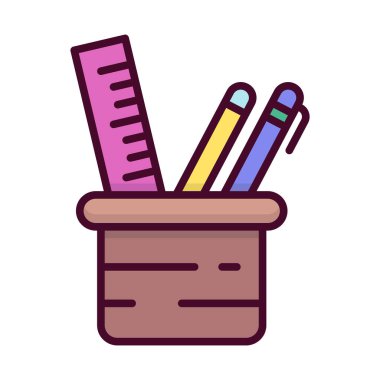 Kırtasiye simgesi. Okul için yazma ekipmanı. Kabın içinde cetvel, kalem ve kalem var.