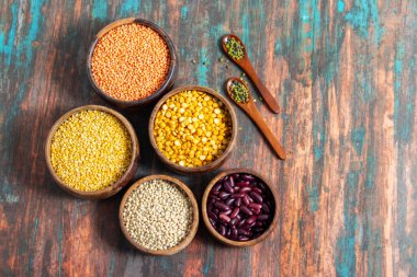 çeşitli Hint mercimek ve fasulyeleri, masoor dal, moong dal, urad dal (derisi ve derisi olmadan), moong bütün, chana dal, ve rajma, mermer bir yüzey üzerinde güzelce dizilmiş kaseler