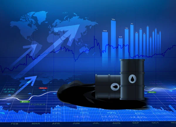 原油価格上昇の概念です オイルバレルと世界地図イラストの背景 — ストック写真