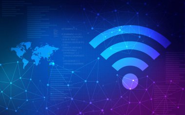 Wi Fi sembolü, kablosuz ağ, dijital teknoloji arkaplan illüstrasyonu, dünya haritalı mavi arkaplan