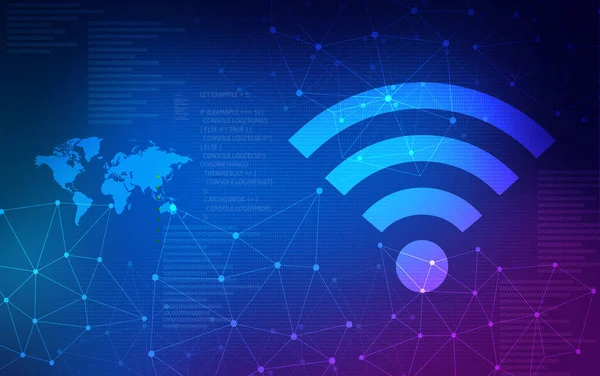Wi Fi symbol, wireless networking, digital technology background illustration, blue background with world map