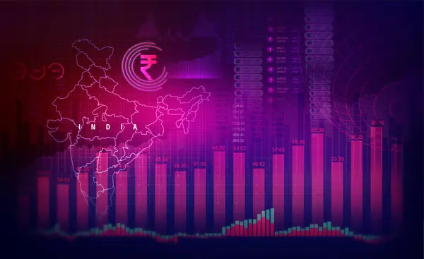 Hint haritalı borsa çizelgesi. Hint ekonomisi konsepti çizimi. mor renkli. Geleceksel arkaplan