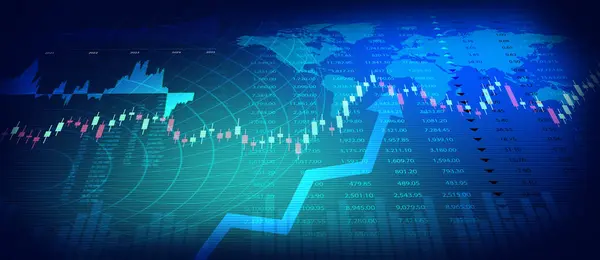 Dünya pazarı ticaret konsepti çizimi. Oklu dünya haritası. mavi renkli finans arkaplanı 