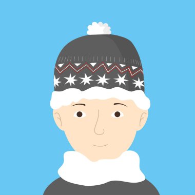 Akıllı çocuk kış portresi. Süslü ve kabarık eşarplı, rahat şapkalı bir adam. Vektör illüstrasyonu