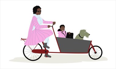 Anne çocuğunu ve köpeğini kargo motosikletinde taşıyor. Yolcu koltuğundan bisiklete binen Afrikalı Amerikalı kadın. - Evet. Vektör illüstrasyonu