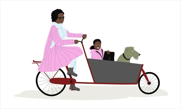 妈妈带着她的孩子和狗在一辆载货自行车的面包房里 非洲裔美国女士骑自行车从乘客坐 是的矢量说明 — 图库矢量图片